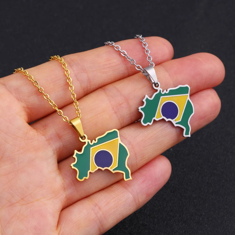 Enamel Stainless Steel Brazil Map and Flag Pendant Necklace Brasil Maps Ethnic Silver Color/Gold Color Party Birthday Jewelry