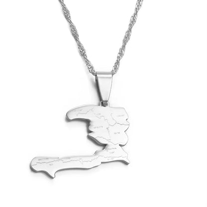 Haiti Country Map with State Name Pendant Necklaces Women Lass,Ayiti Silver Color/Gold Color Jewelry Map of Haiti @019921