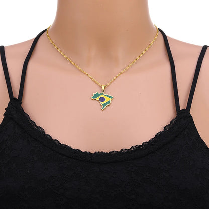 Enamel Stainless Steel Brazil Map and Flag Pendant Necklace Brasil Maps Ethnic Silver Color/Gold Color Party Birthday Jewelry