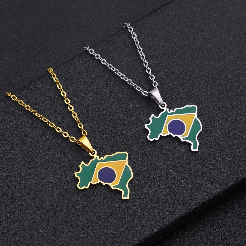 Enamel Stainless Steel Brazil Map and Flag Pendant Necklace Brasil Maps Ethnic Silver Color/Gold Color Party Birthday Jewelry