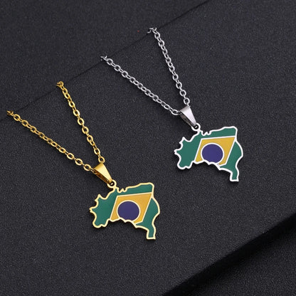 Enamel Stainless Steel Brazil Map and Flag Pendant Necklace Brasil Maps Ethnic Silver Color/Gold Color Party Birthday Jewelry