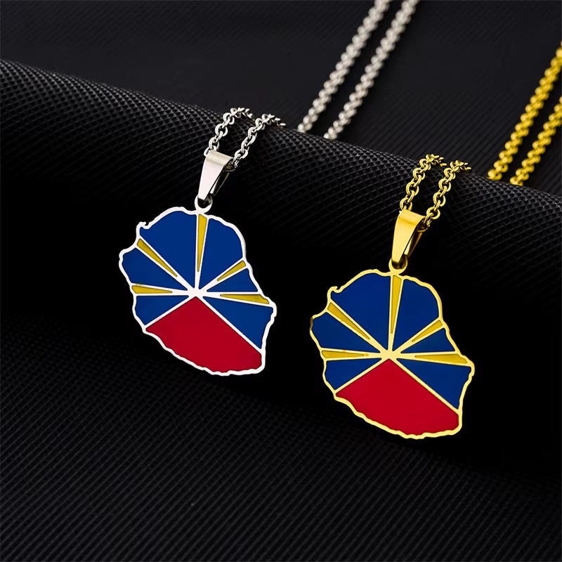 Fashion Reunion Island Map Pendant Necklace Stainless Steel for Women Girls Gold Silver Color Charm Female Choker Jewelry