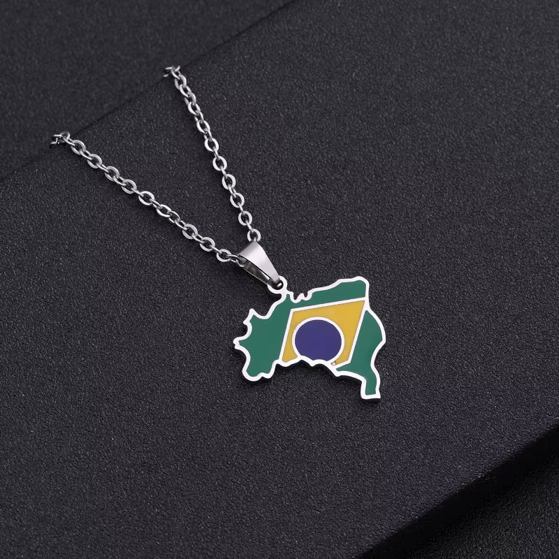 Enamel Stainless Steel Brazil Map and Flag Pendant Necklace Brasil Maps Ethnic Silver Color/Gold Color Party Birthday Jewelry