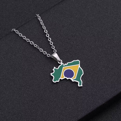 Enamel Stainless Steel Brazil Map and Flag Pendant Necklace Brasil Maps Ethnic Silver Color/Gold Color Party Birthday Jewelry